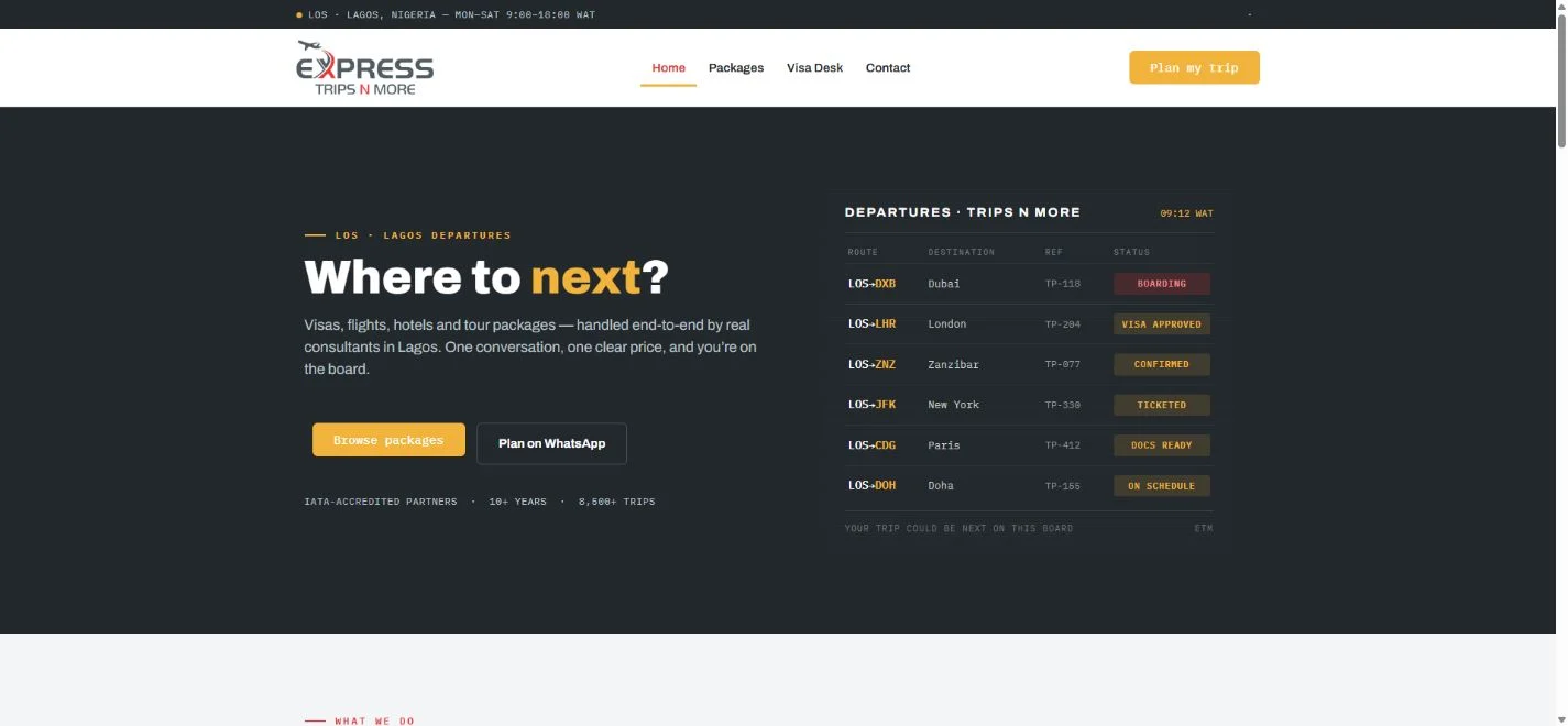 Express Trips N More homepage designed by Source Studios